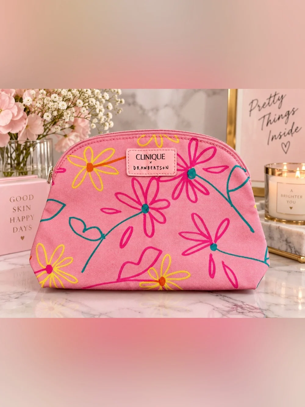 Clinique Pink Floral Makeup Bag